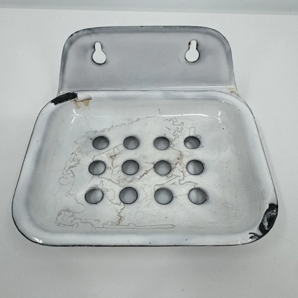 Antique Enamel 2 Piece Ware soap dish Blue White‎ Primitive Farmhouse Victorian